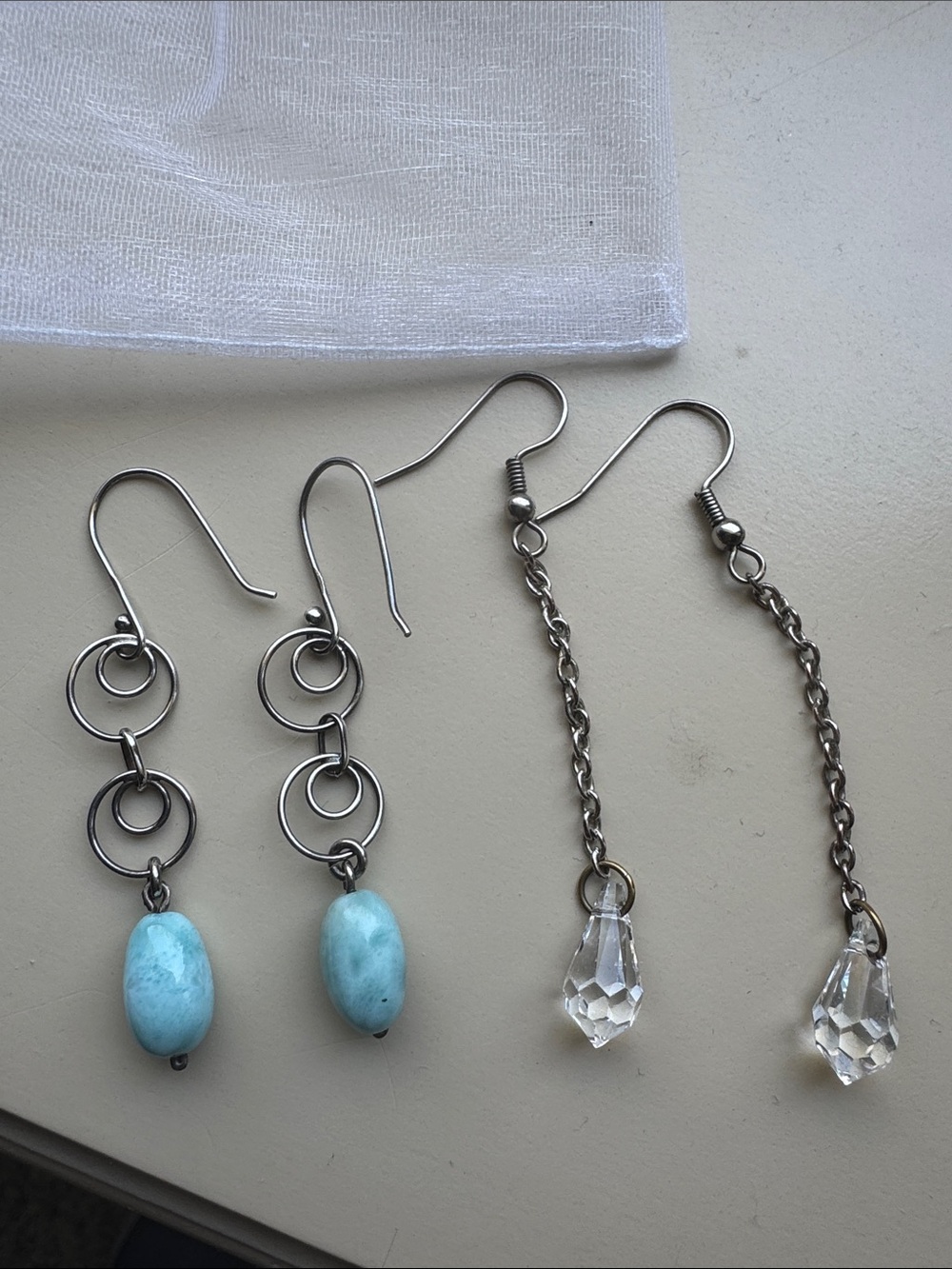 Two Pairs of Silver-tone Drop Earrings with Light Blue Stone & Crystal